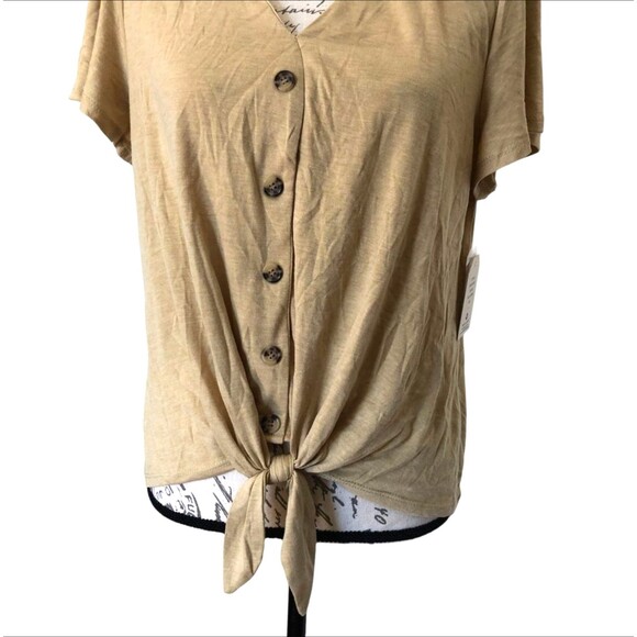 Pinque Tie Front Knit Top LARGE Levona Button Yellow Short Sleeve V-Neck Crop - Picture 5 of 12